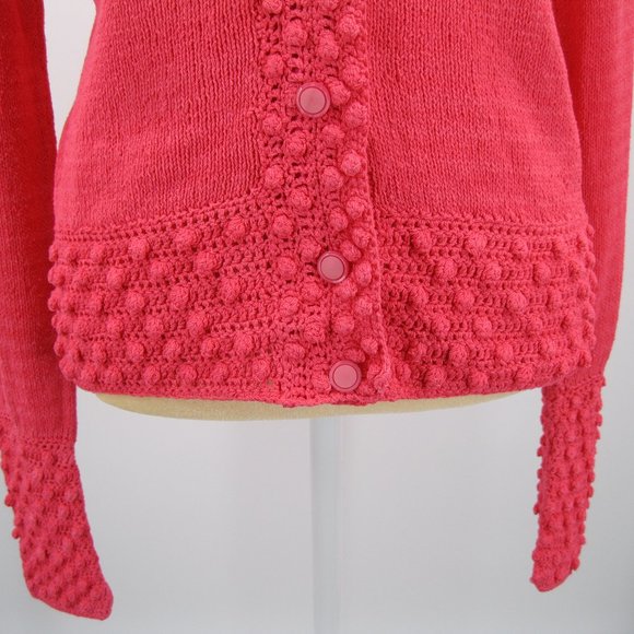 Handknit Cardigan Raised Popcorn Design Trim Bright Rose Womens Button Up L / XL - Picture 2 of 15